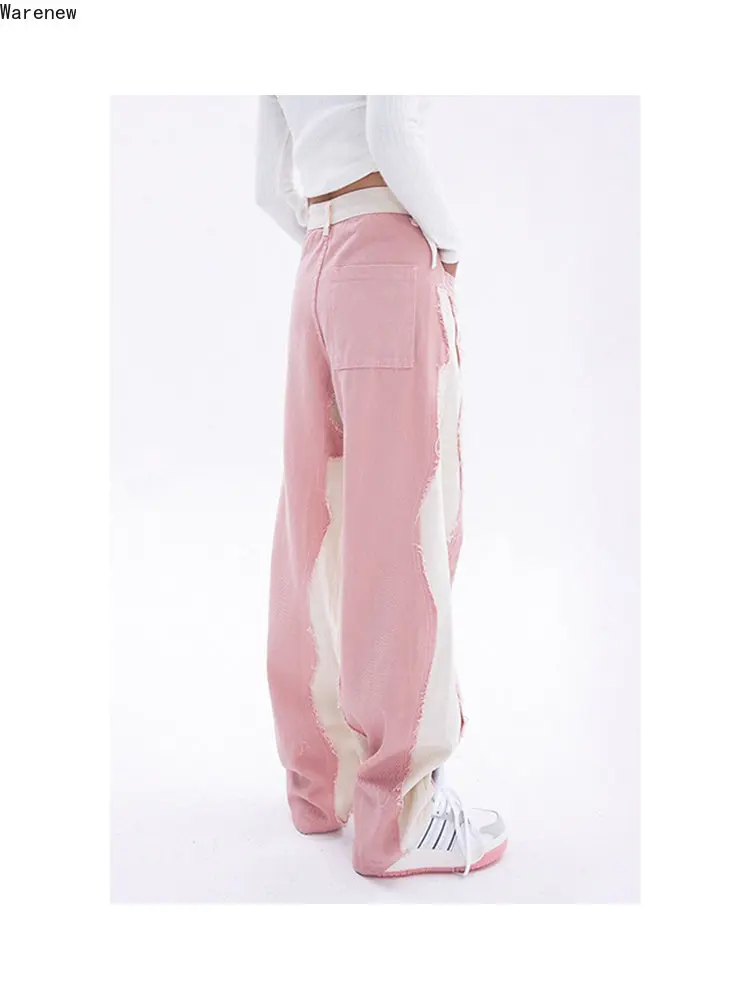 Casual Hip Hop Fashion Y2K Pink High Waist Baggy Jeans Denim Women\'s Wide Leg Streetwear Vintage Straight Trouser Female Pants