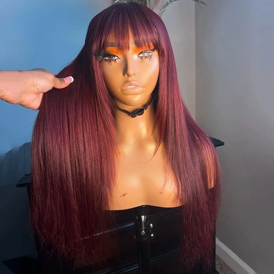 

99J Бордовый Красный Прямой Парик Фронта Шнурка С Челкой 13x4 HD Предварительно Сорванный Бесклеевой Синтетический Парик Фронта Шнурка Косплей Распродажа