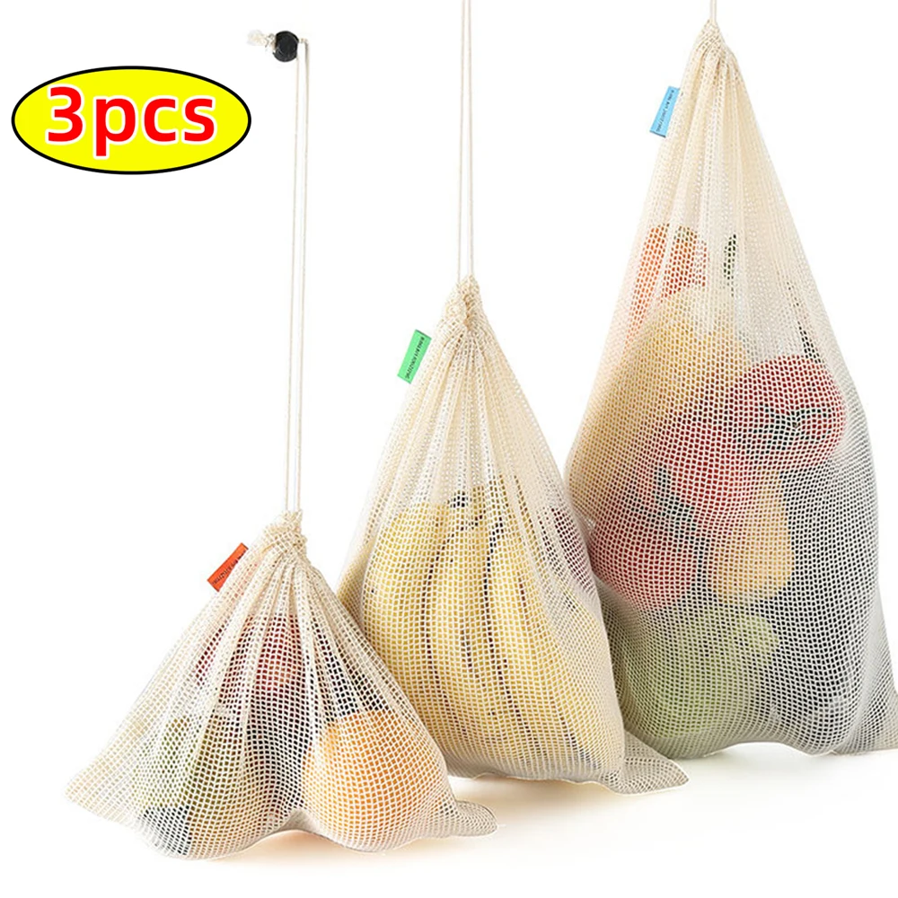 Produce Bag Reusable Mesh - 3 Buah Tas Jaring Katun Dapat