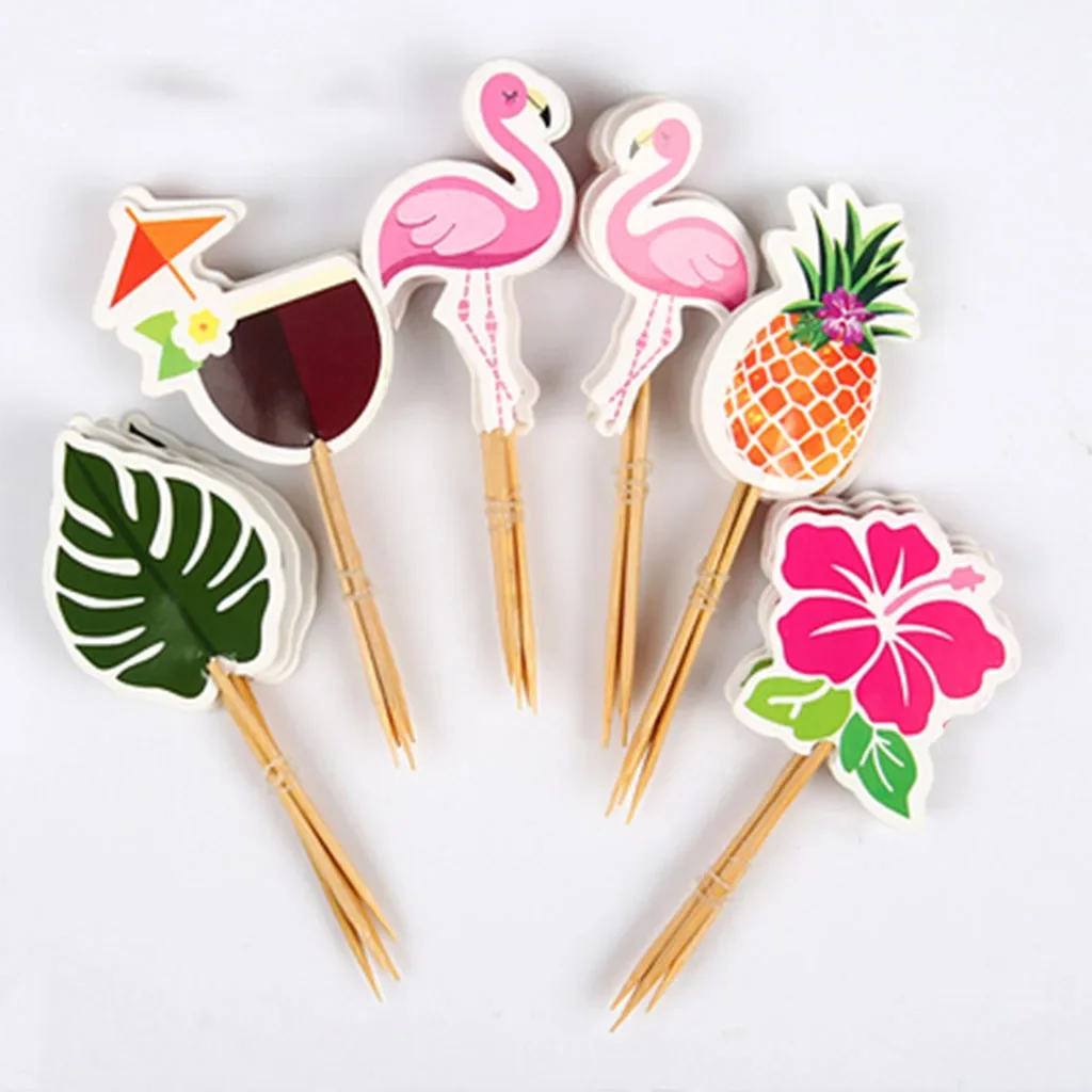 24pcs Hawaiian Theme Flamingo Toothpick Summer Beach Party Fruit Sticks Coconut Decor Tropical Hawaii Aloha Birthday Party Decor