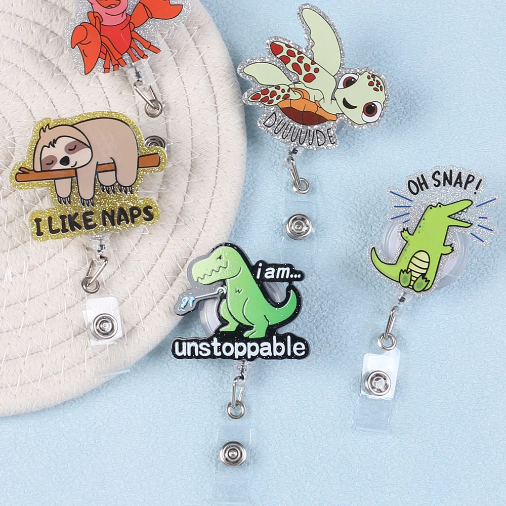 Cartoon Animal Badge Reel Retractable Acrylic Badge Holder Reel ID Clip DinosaurKoala Crocodile Clip for Nurse Office Student
