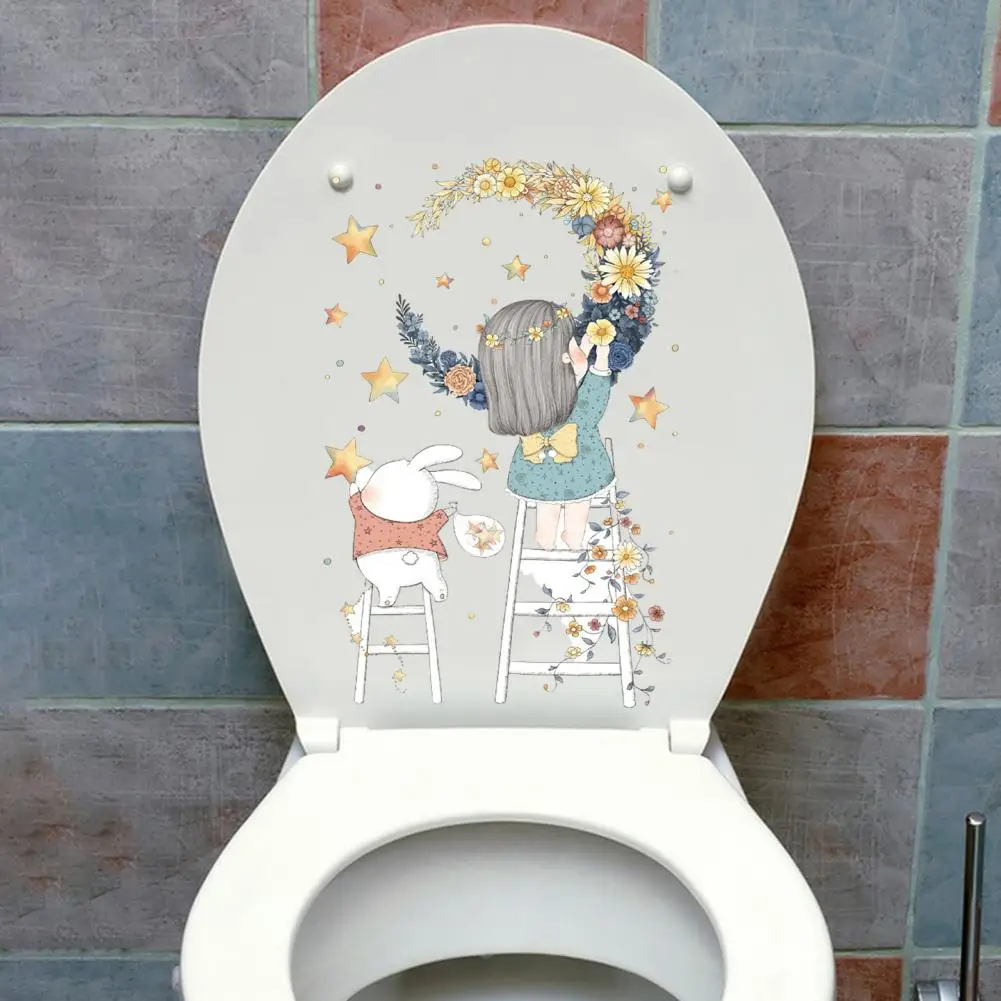 Self-adhesive Wall Sticker Floral Design Wall Decal Waterproof Cute Girl Moon Pattern Toilet Sticker Residue-free for Vibrant