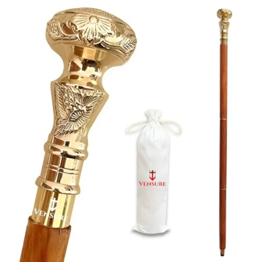 Bengala de madeira vintage com alça de botão de latão dourado para uso externo elegante Design de madeira marrom inspirado em tele vitoriano