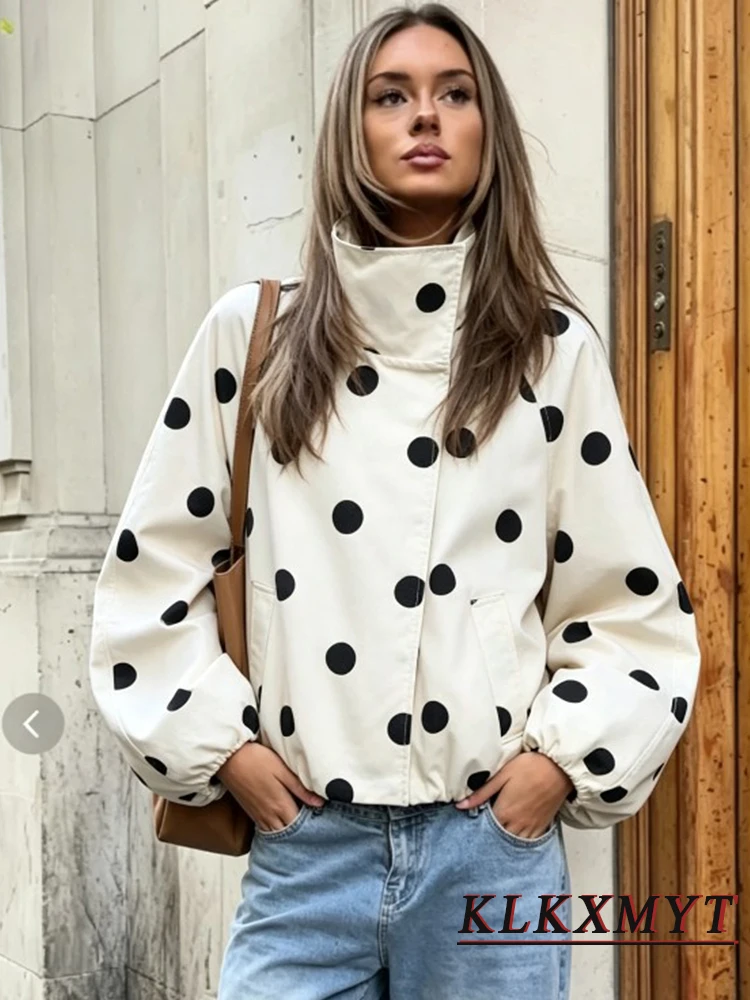 Damenmode Vintage Polka Dots Jacke mit Taschen und Stehkragen Frühling Herbst Langarmjacke Urlaubsoutfits für Frauen