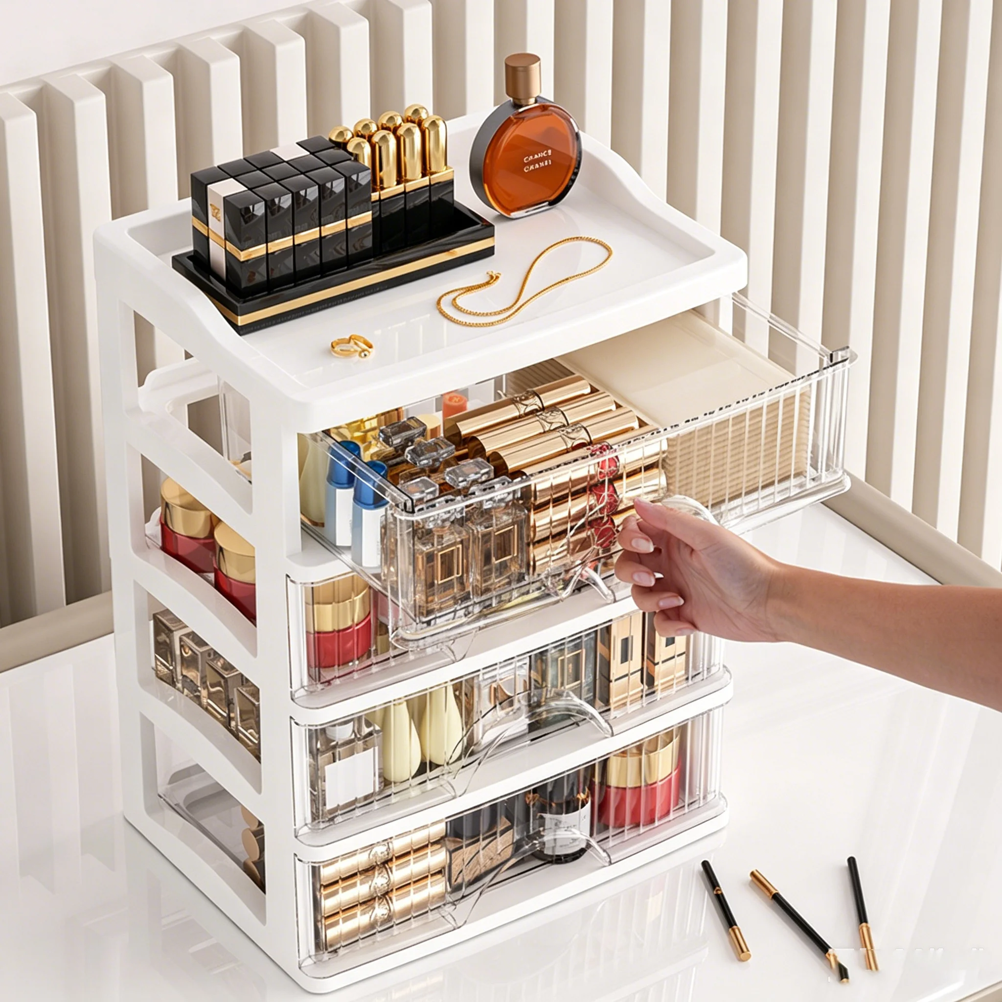 Fashionable Drawer Organizer Set - Transparent Design for Easy Visibility, Storage Cabinet for Cosmetics and Jewelry, Lightweight Plastic, Easy-To-Insert Design
