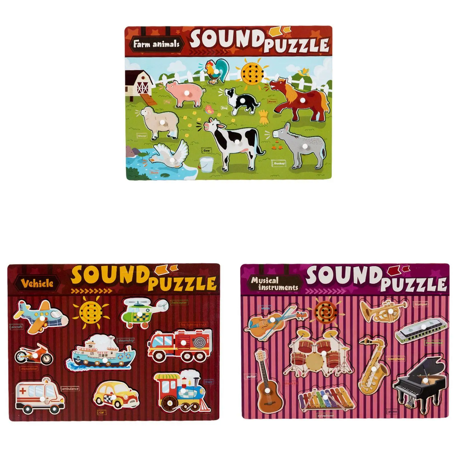 لعبة تعليم الصوت الخشبية الممتعة للتعليم المبكر لعبة أحجية الصور المقطوعة للأطفال الصغار 2 3