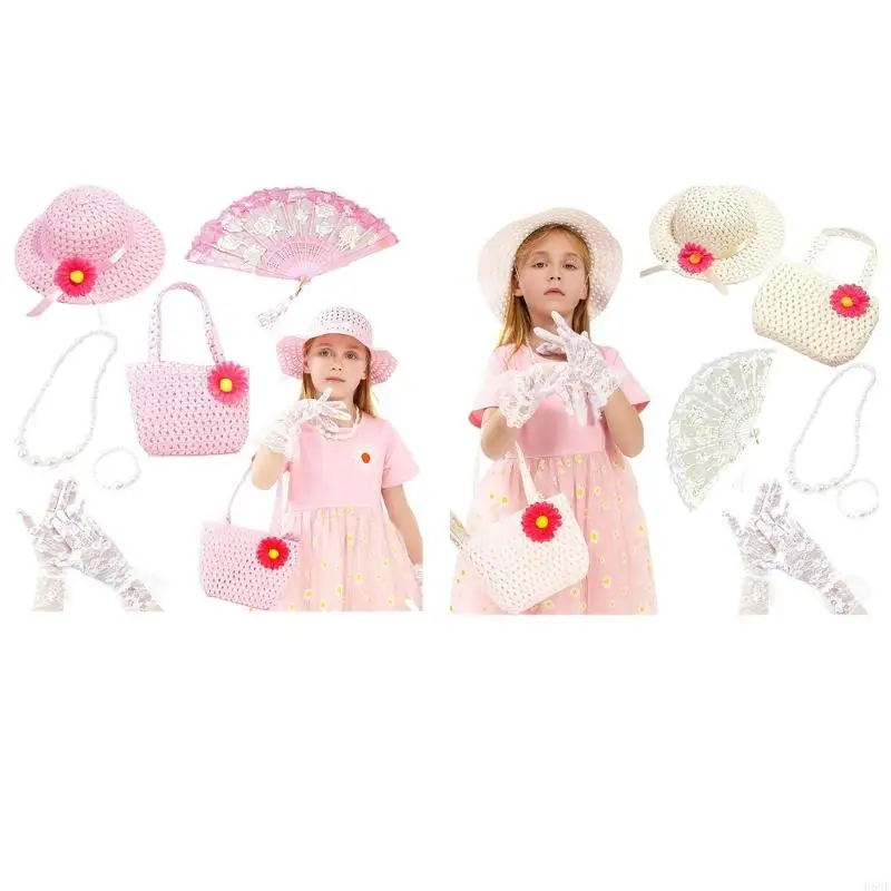 

H58E 7Pieces Fashion Teas Party Dress up Costume Set, Small Hat and Lace Glove