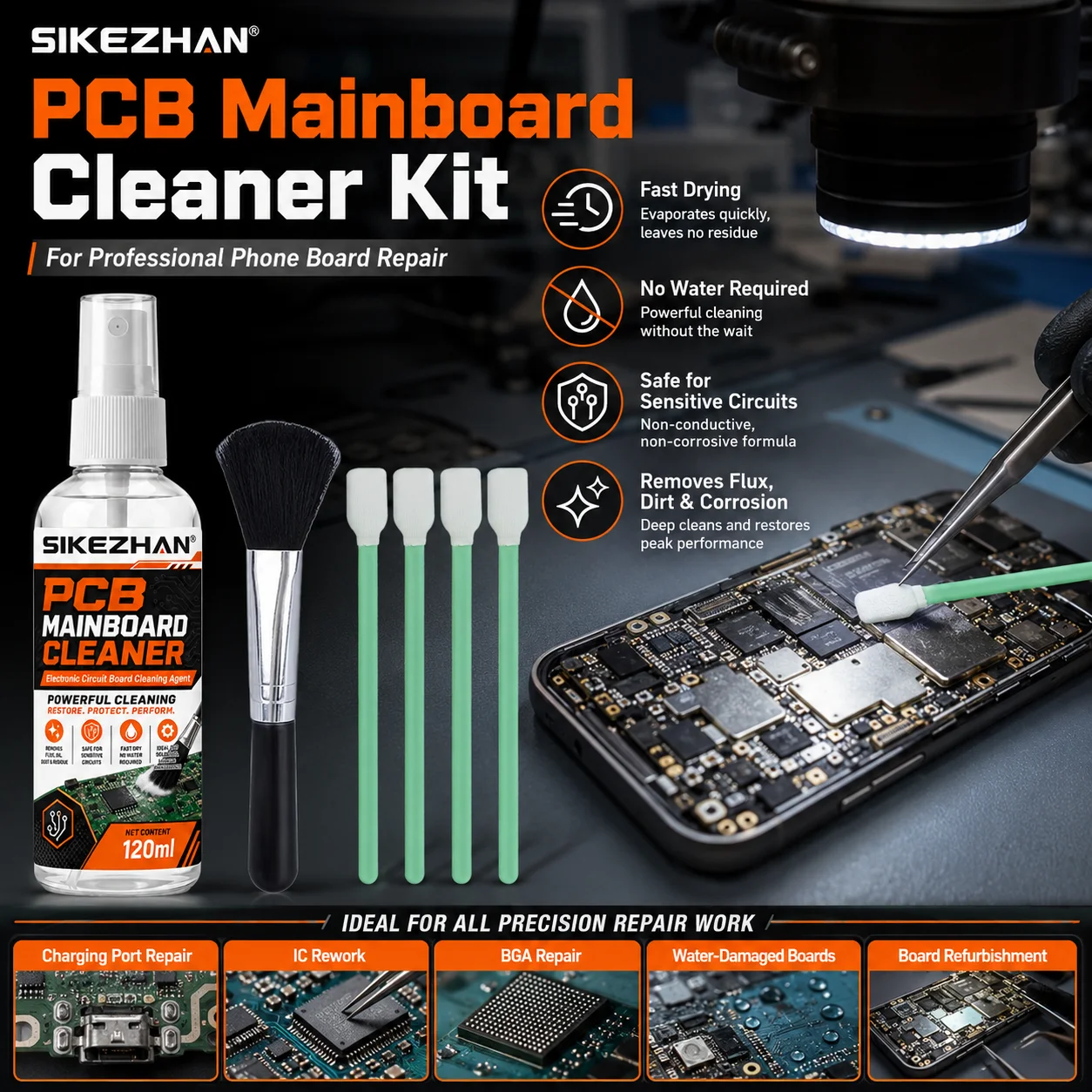 120ml PCB Motherboard Cleaner Liquid Flux Remover for Phone BGA IC Reballing Soldering Rework Water Damage Repair Brush Swab Kit