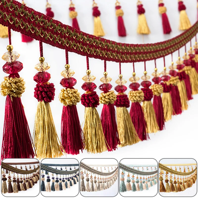 

1M/3M Curtain Fringe Double-tone Braided Tassel Lace with Crystal Beads for Home Upholstery Curtain Accessories DIY Cushion Trim