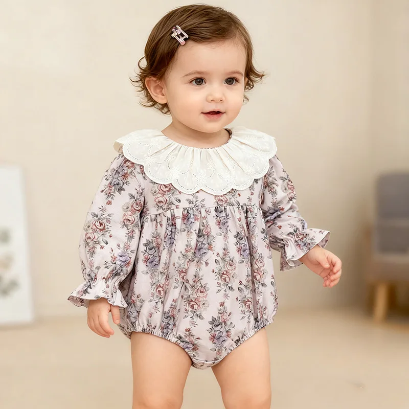 

Princess Style Long Sleeve Baby Girl Clothes Spring Autumn Floral Print Bottom Cover up Korean Version Crawling Suit