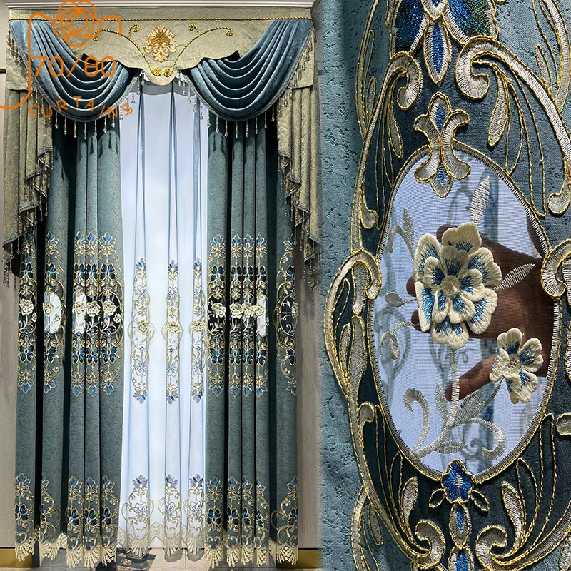 Customized Blue Gray Cashmere Hollowed Out Embroidered Window Screen Thickened Curtains for Living Room Bedroom French Window