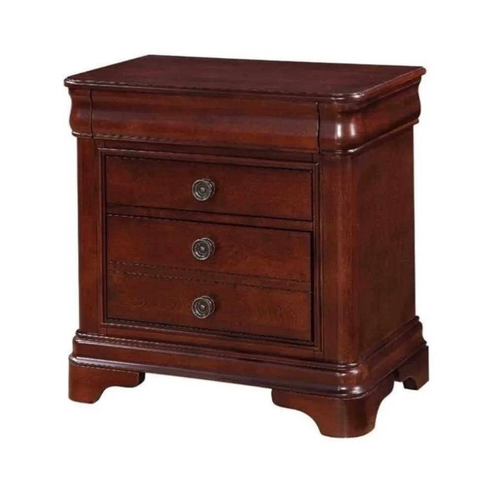 

Traditional 3 Drawer Nightstand Bedside Table Solid Wood Hidden Jewelry Drawer in Dark Cherry and Antique Brass