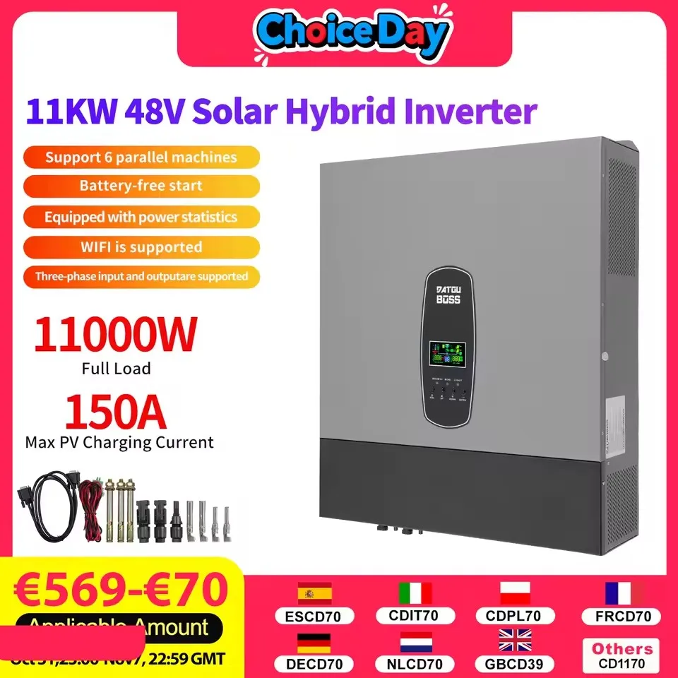 11kW Hybrid Solar Inverter 48V On Grid Support Parallel Integration into Power Supply Battery-Free Operation 150A MPPT