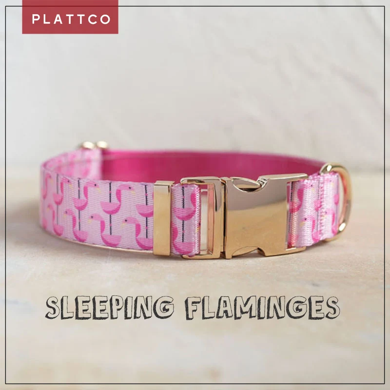 PLATTCO unique design dog collar print SLEEPING FLAMINGES pattern with high quality light color zinc alloy buckle 5 size PDC313G