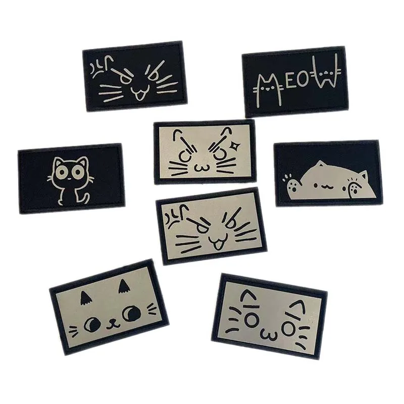 Lustige Katzen-Ausdrucks-IR-Reflexions-Patches mit Klettverschluss, Niedliches Cartoon-Kätzchen-Miau-Abzeichen, Kleidungsaufkleber, Rucksack-Applikation – Detail 5
