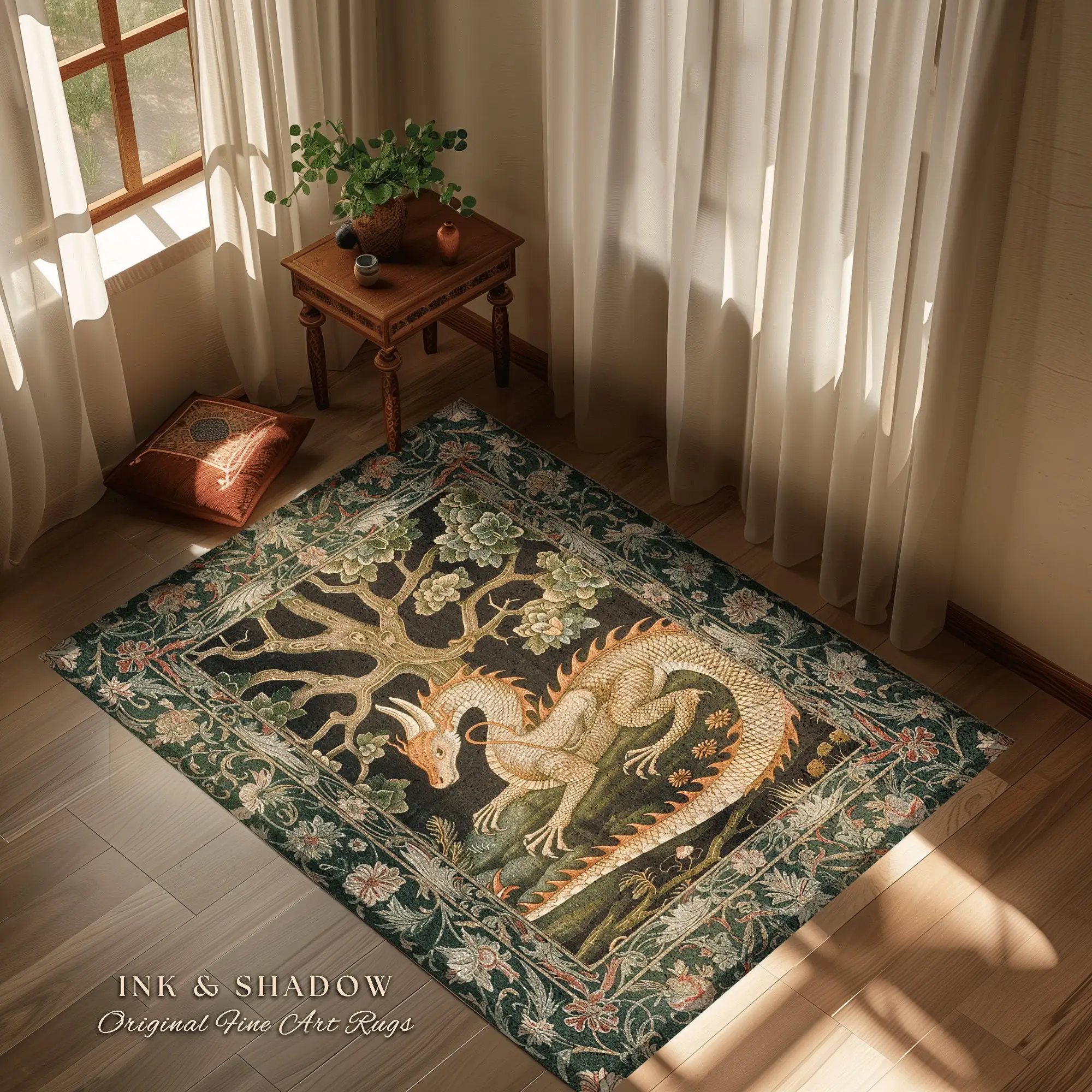 Enchanted Woods Dragon Rug Medieval Aesthetic Fairytale Nursery Decor Morris Style Cottagecore Fairycore Bedroom Mystical Carpet