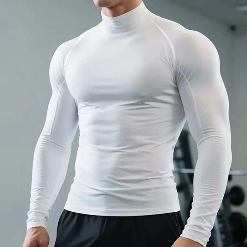 Men High Neck Compression Shirt Long Sleeve Quick Dry Breathable Tight Athletic Base Layer For Gym Fitness Running Training Spor