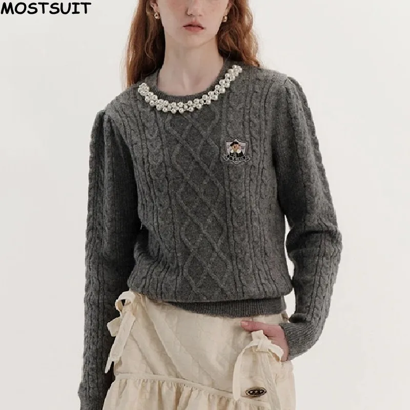 Grey Pearl Beaded Sweater For Women Vintage Fashion Cartoon Embroidery Tops Knitwear 2024 Autumn Long Sleeve O-neck Chic Jumpers