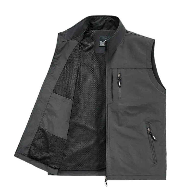 Casual Stand Collar Zip Multi External Zip Pocket Sleeveless Vest Relax Fit Versatile Layer Waistcoat for Sports Unisex Outfit