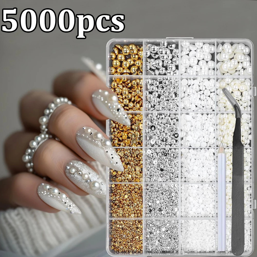 

5000pcs Gold/Silver Rivet Beige Pearls Nail Gems Decoration Mixed Size Flat Pearl Nail Charms Luxury Manicure Jewelry With Tools