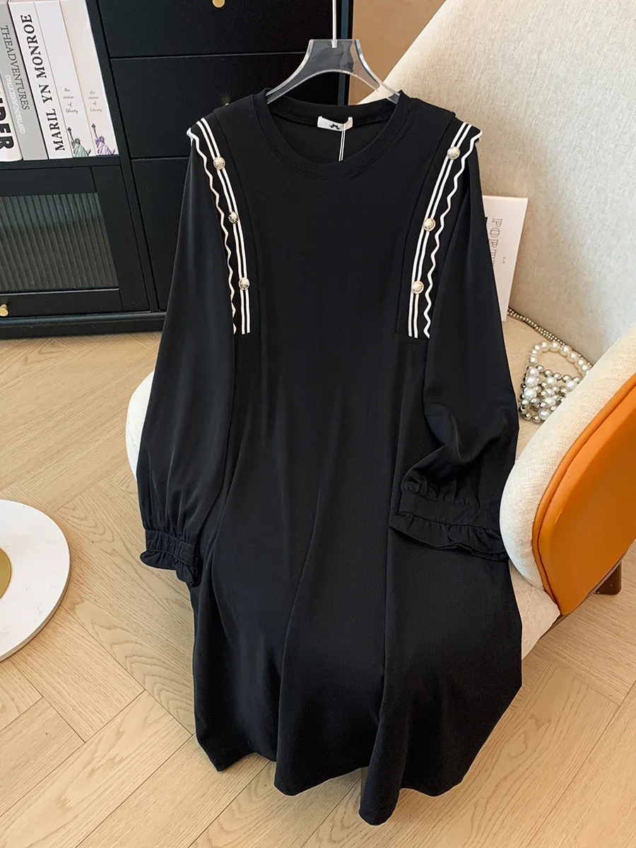 150Kg Plus Size Women's Bust 149 Spring Autumn Loose Long Sleeved Mid Length Dress Black 5XL 6XL 7XL 8XL 9XL