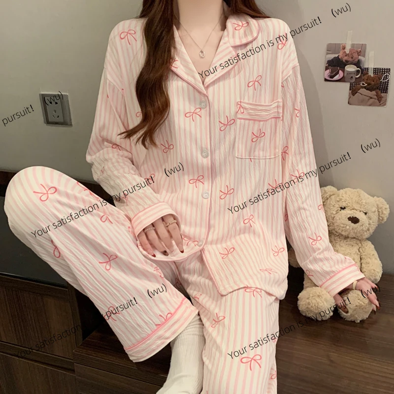

ZOCI-Pink Bow Tie Design Women's Long Sleeve Top and Stretch Waist Pants Pajama Set