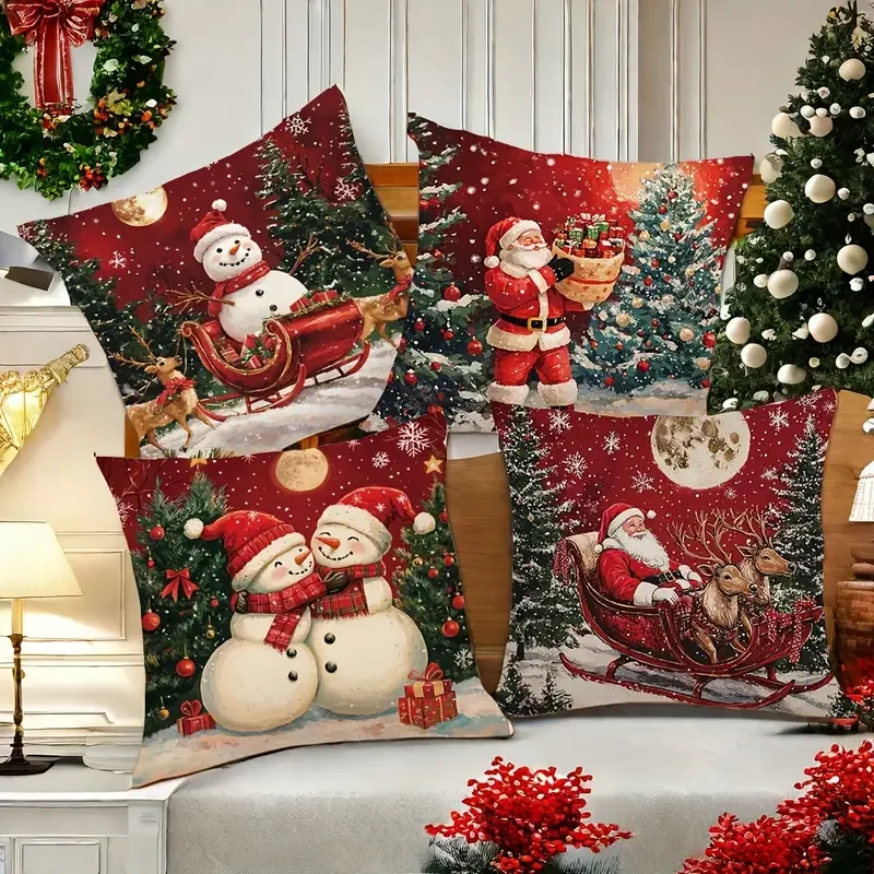 Retro Santa Claus Snowman Pillowcase 45x45cm Holiday Sofa Cushion Living Room New Year Decoration Cozy Home Soft Decoration