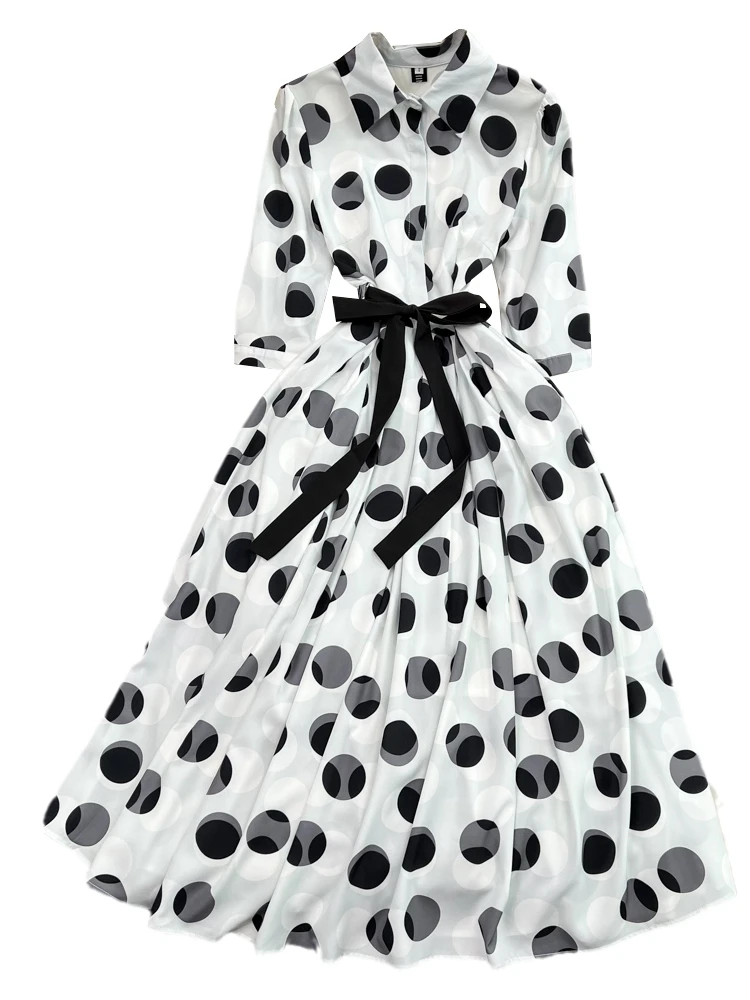 夏のファッション デイジー柄 ロングドレス カラー オルト スベ スリムフィット 水玉模様 Aライン ドレス ハイウエスト コントラクション