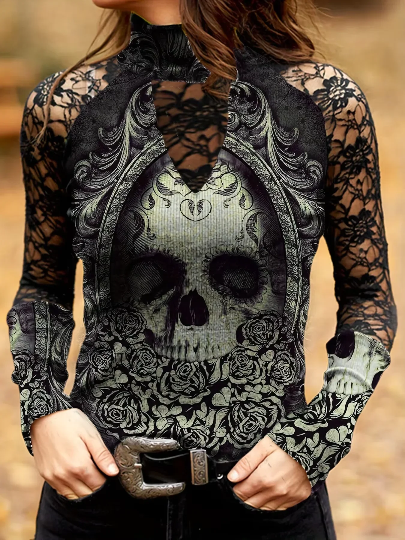Cool Summer Women Fashion Turtle Neck Skull & Flower Print T-Shirt Gothic Hollow Long Sleeve Versatile Personality Y2k Lady Tops
