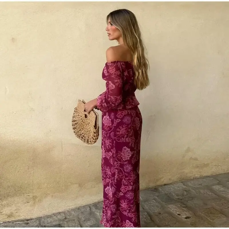Women's Fashion Printed Off-Shoulder Rose Red Long Sleeve Shirt Printed Floral Top And High Slit Skirt Elegant Party Outfit JW22 view 2