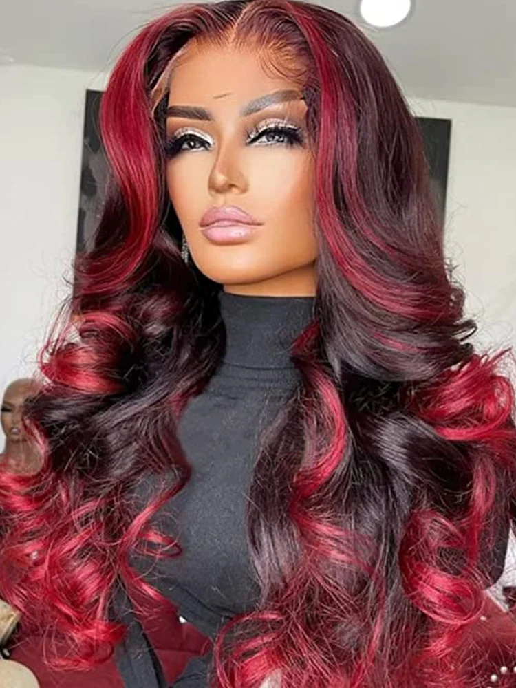 Burgundy Body Wave Lace Front Wig13X6 HD Lace Frontal Wig Red Highlight Wig Human Hair Colored Lace Closure Wigs 12-32Inch