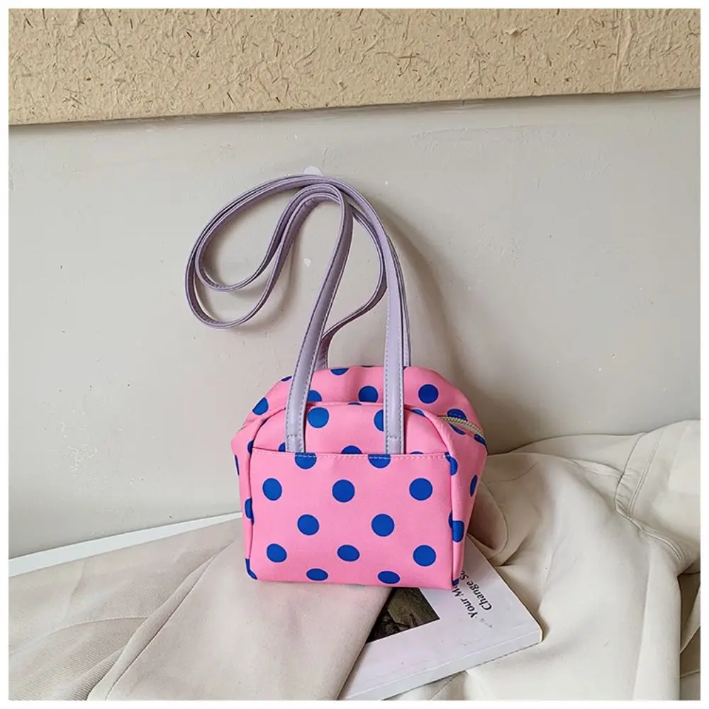 Polka Dot Pattern Shoulder Bag PU Leather Long Shoulder Straps Polka Dot Bag Zipper Closure Structured Shape Shoulder Purse