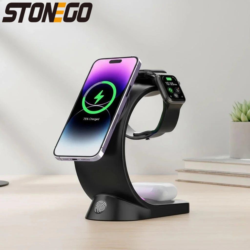 

Беспроводная зарядная станция 3-в-1 с RGB-подсветкой (6 цветов), быстрая магнитная зарядка 15 Вт для нескольких устройств Apple