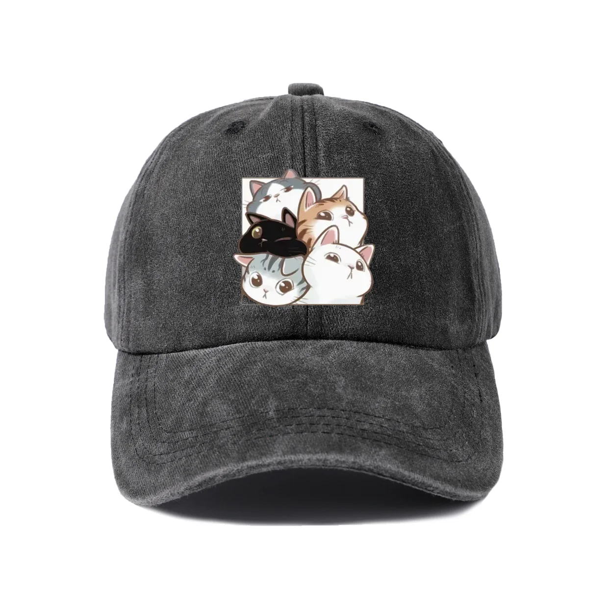 Cute Cat Group Graphic Baseball Cap, Vintage Washed Adjustable Unisex Dad Hat, Streetwear Gift