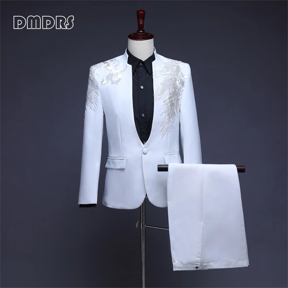 One Button Slim Fitting Men's Costume Suit Set Feather Sequined Blazer Pants Host Performance Real Images Men Suits Tuxedo