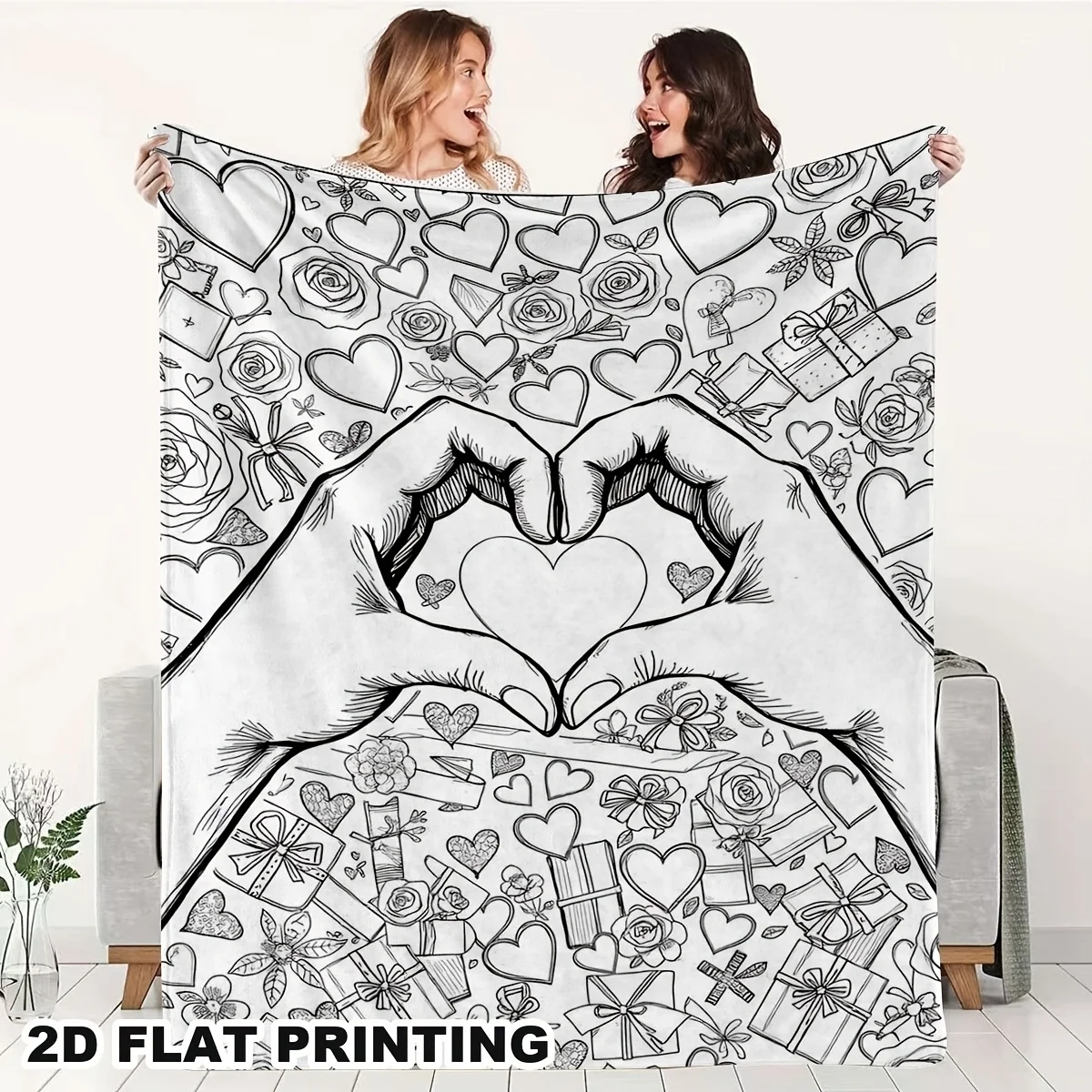 Image of Handgemalte Herz-Linienkunst-Malbuch-Flanelldecke, warme, weiche, gemütliche Kuscheldecke für Couch, Bett, Wohnzimmerdekoration