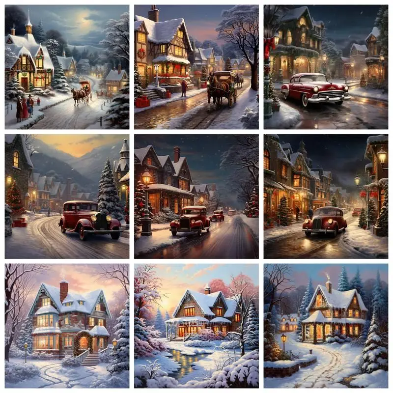 CHENISTORY 5D Diamond Painting Winter House Landscape Full Square Rhinestone Picture Diamond Embroidery Mosaic Cross Stitch Home