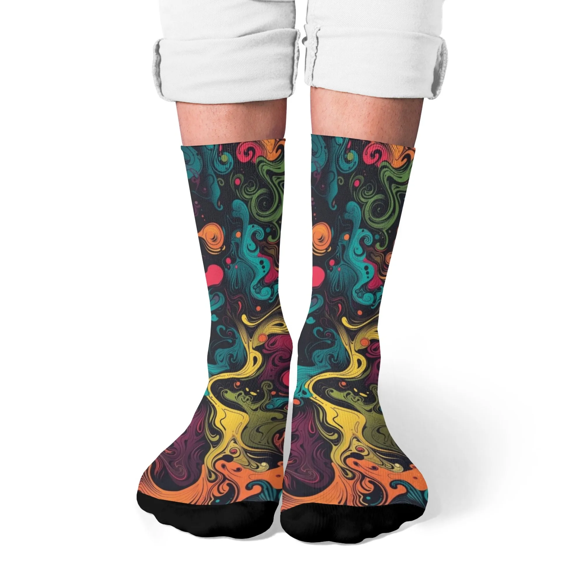 Lebendige, farbenfrohe psychedelische Crew-Socken, kräftiges, abstraktes, fließendes Kunst-Wirbelmuster. Erhöhen Sie Ihr Outfit. Auffälliger künstlerischer Flair