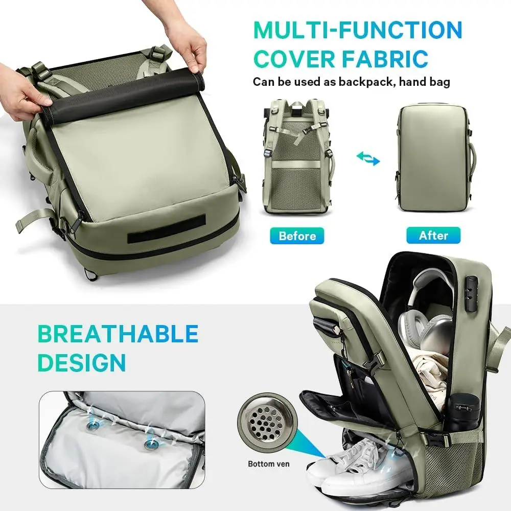 Mochila de Viagem, Mochila de Mão para Viagens ou para Mulheres e Homens, Leve, Aprovada para Viagens de Negócios, Mochila Impermeável para Fins de Semana (Verde)