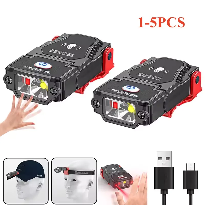 

1-5 шт. портативная светодиодная фара с зажимом для крышки и датчиком движения, налобный фонарь с регулируемым углом, USB перезаряжаемая уличная лампа для кемпинга и рыбалки