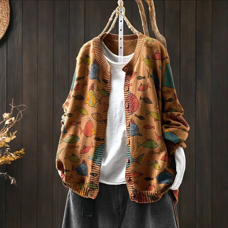 

Women Long Sleeve Knitted Cardigans New Arrival 2025 Autumn Simple Style O-neck Fish Pattern Female Basics Casual Sweaters T788