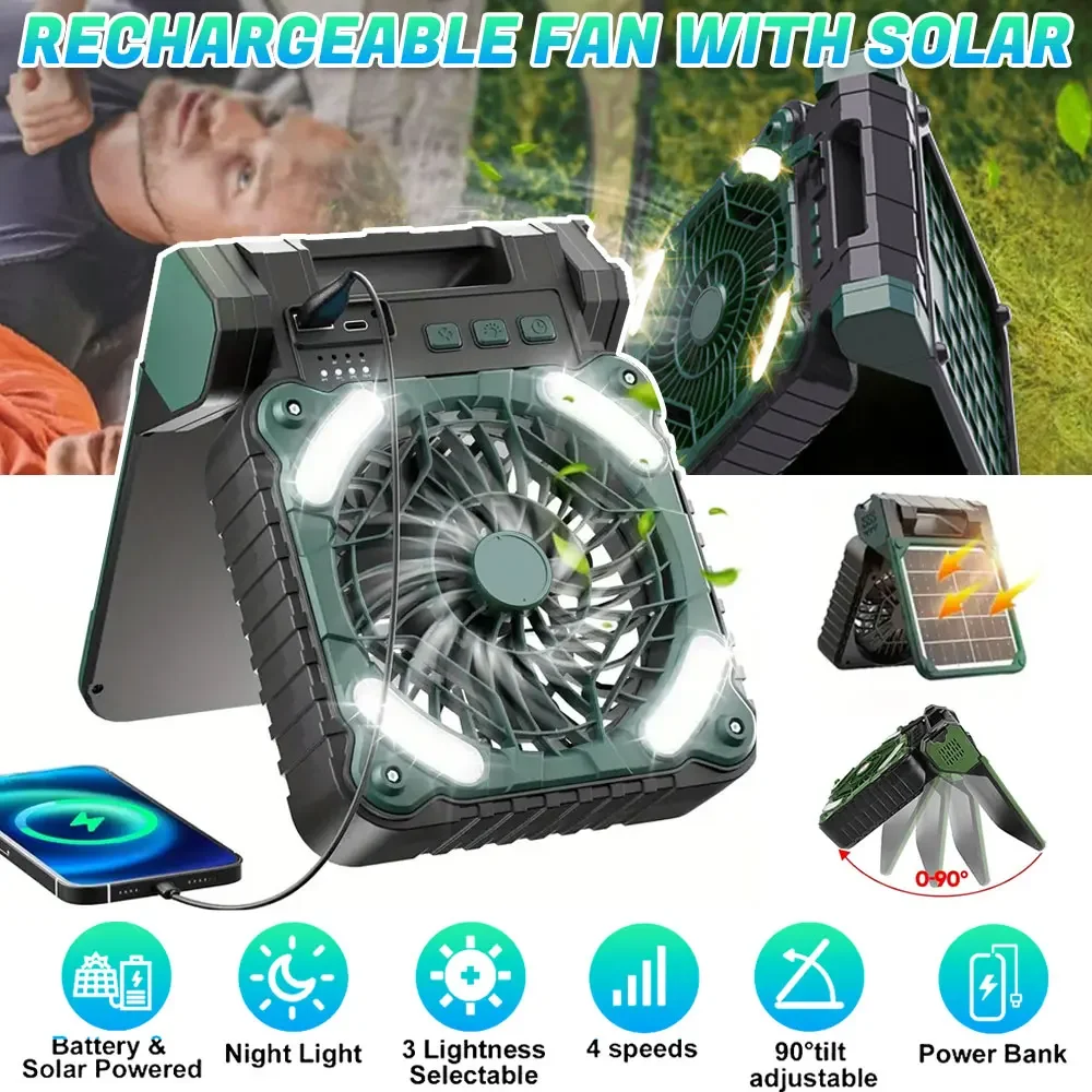 Portable Camping Solar Powered Fan 10400mAh 9inch Rechargeable Battery Operated Tent Fan with  Light and Solar Panel