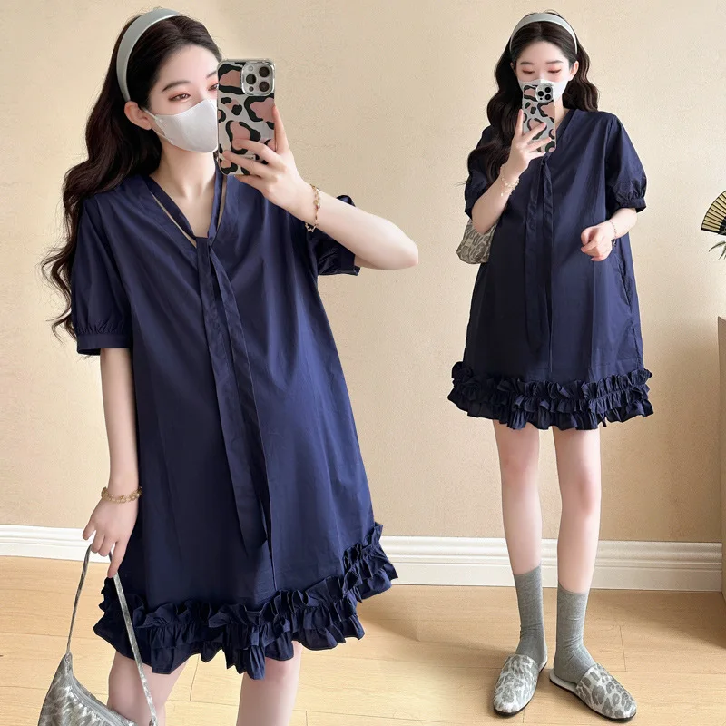 妊婦のドレス 2025 新しい夏のファッションフレンチルーズ痩身 V ネックレーススカート