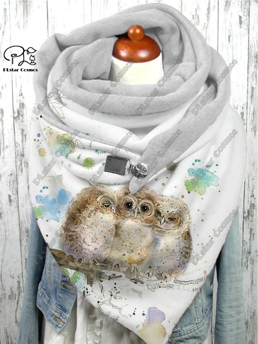 PLstar Cosmos 3D printed animal series cute owl pattern printed warm shawl scarf spring and winter large triangle scarf M-1