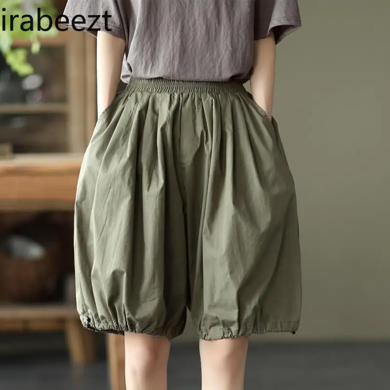 Summer Slim Cotton Casual Knee Length Pants Women\'s Plus Size Loose Slimming Wide Leg Shorts Elastic Waist Bloomers