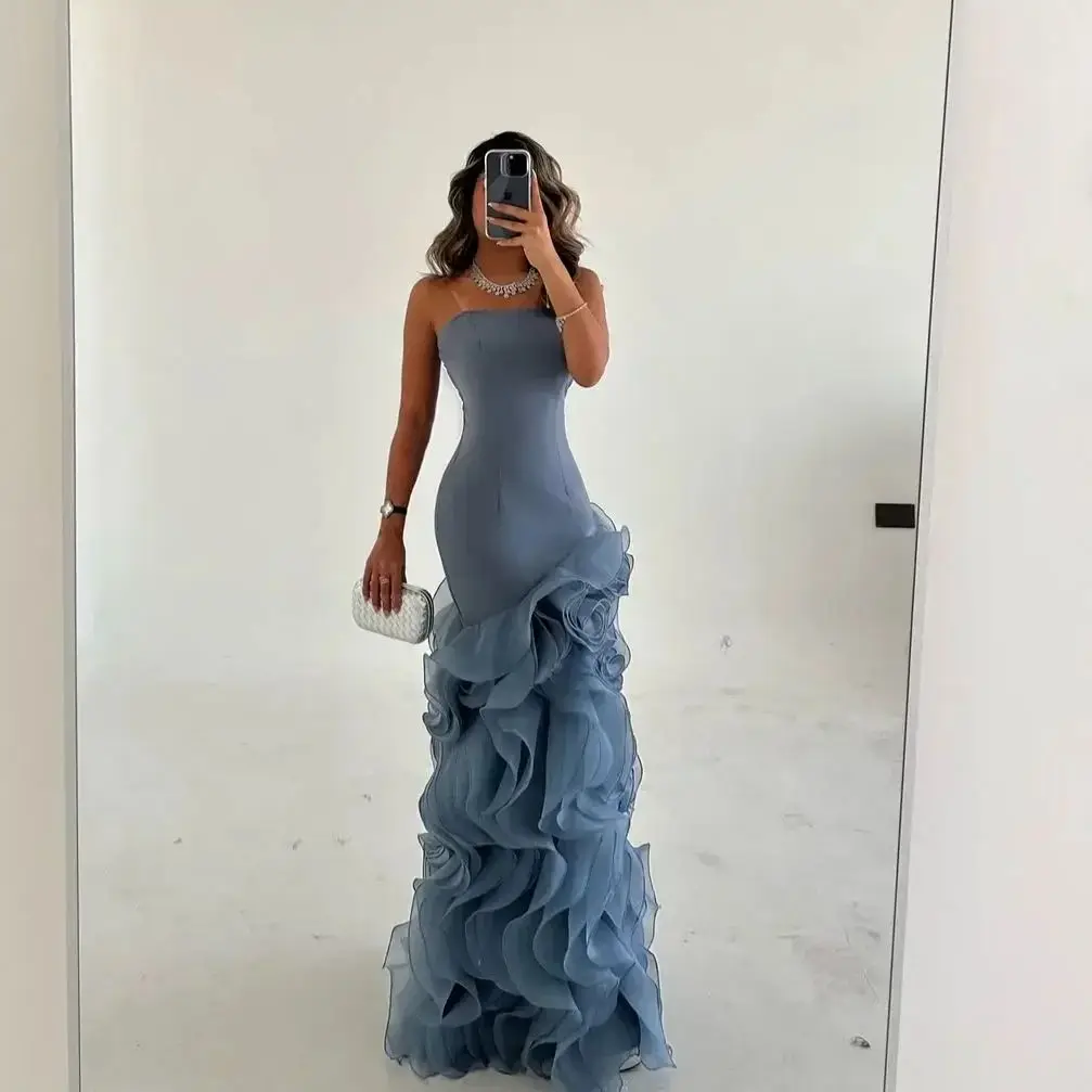 Blue Evening Dresses 2025 Pleated Floor Length Strapless Prom Dresses Mermaid Sleeveless Formal Occasion Party Dresses Ball Gown