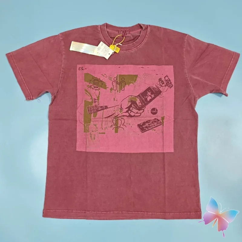 

Washed Wax Print CAVEMPT T-shirts Red Cotton Round Neck Short Sleeve Graffiti Hand-held Mobile Phone Men Women CE Top Tees