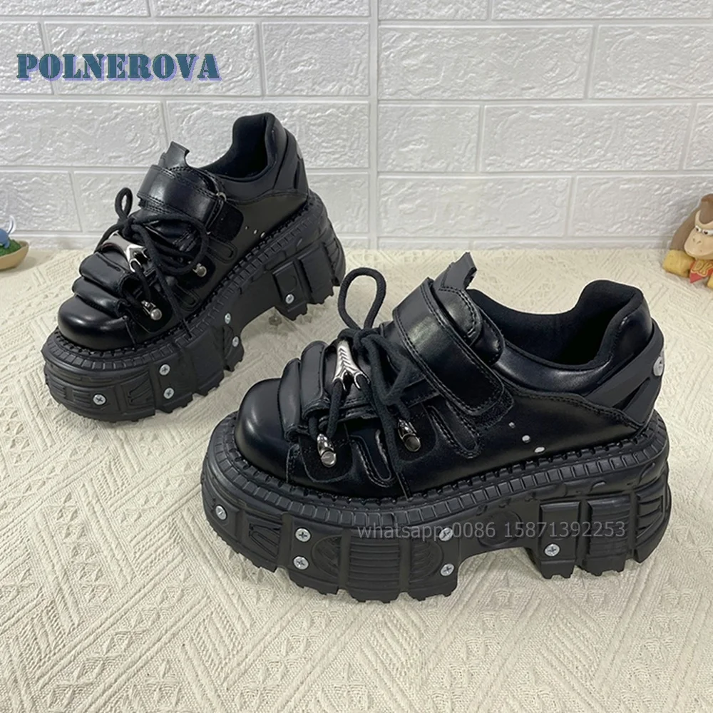 Metal Decoration Platform Black Pumps Round Toe Tank Soled Hook and Loop Patchwork Pantshoes Rivet Punk Spicy Girl Shoes 2024