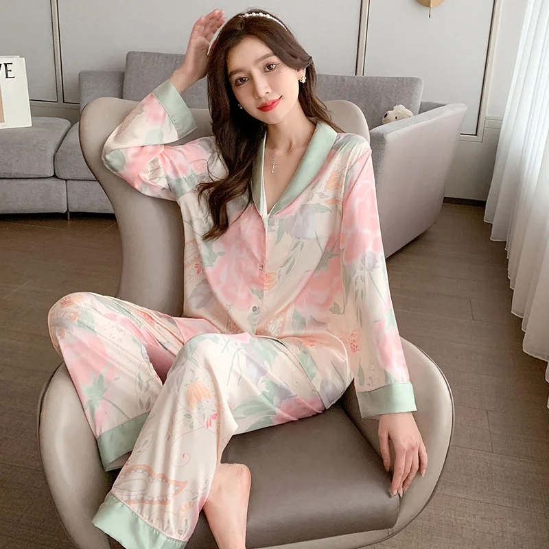 Two-Piece Pajama Set Ladies Cardigan Home Wear Floral Pattern Long Sleeve Fancy Underwear Sexy Nightwear Women Sleepwear Girl