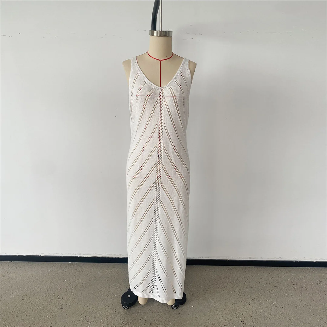 Neues, rückenfreies, weißes, gehäkeltes, gestricktes Tunika-Strandkleid, Strandkleid, Strandmode, Damenmode V8331 – Detail 4